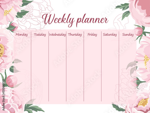 Pink weekly planner with beautiful peonies flowers for girls