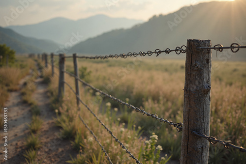 Rustic wooden fence post with barbed wire stretches across a serene landscape, bathed in the warm glow of sunset. A peaceful country scene.