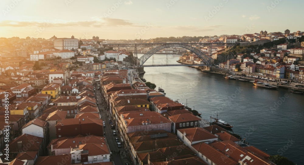 Fototapeta premium An aerial view of a European cityscape, featuring a river, bridge, and rows of colorful buildings under a sunset