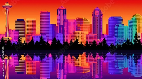 Colorful city skyline reflecting on water at sunset.