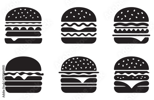 Set of black burger icons with sesame buns for fast food-themed designs.