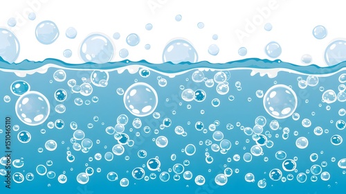 A blue ocean with many bubbles floating on the surface. 