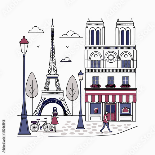 Parisian Street with Eiffel Tower Illustration