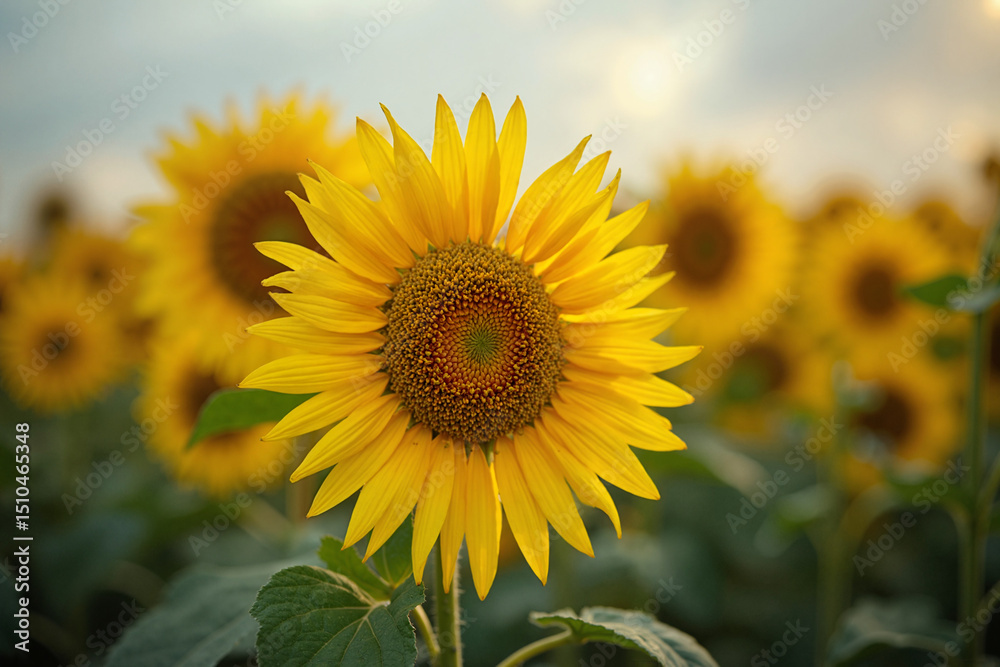 Fototapeta premium Vibrant sunflower in a field at sunset. Golden hour light illuminates the petals, creating a warm, inviting mood.