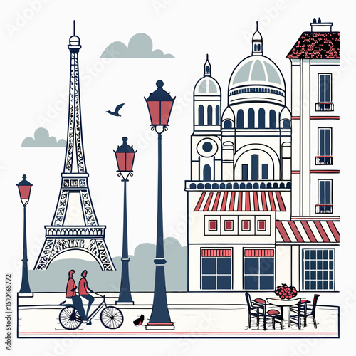Parisian Street with Eiffel Tower Illustration