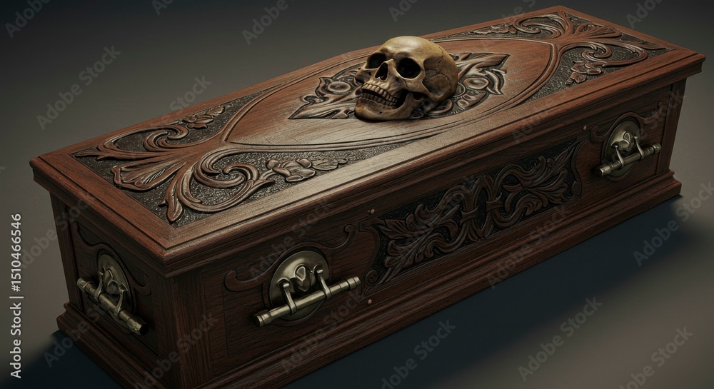 Fototapeta premium Ornate wooden casket with a skull resting on top, detailed carvings, and metallic clasps