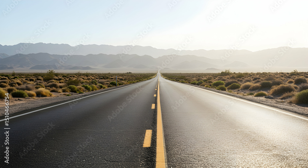 Fototapeta premium Endless asphalt road journey travel adventure freedom open road scenic view desert landscape nature mountains horizon summer sunlight