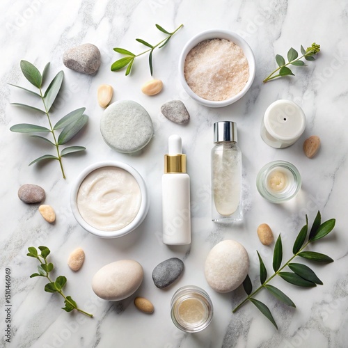 Natural skincare products arranged on a marble surface, surrounded by stones and greenery