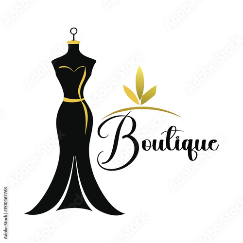 Elegant Boutique Logo Design with Dress Form and Gold Accents