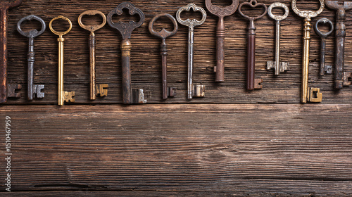 Wallpaper Mural Collection of Antique Keys on Rustic Wooden Background, Symbolizing Security, Mystery, and Vintage Charm Torontodigital.ca