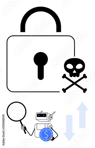 Large padlock symbolizes cybersecurity, skull and crossbones indicate malware, robot with magnifying glass and coin in hand explores AI-based security. Ideal for technology, security, data