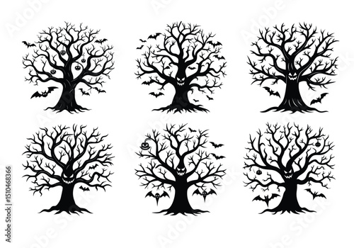 a set of halloween tree ,Dead Trees, Naked trees silhouettes isolated on white background