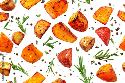 Pattern of realistic roasted vegetables isolated on a white transparent background