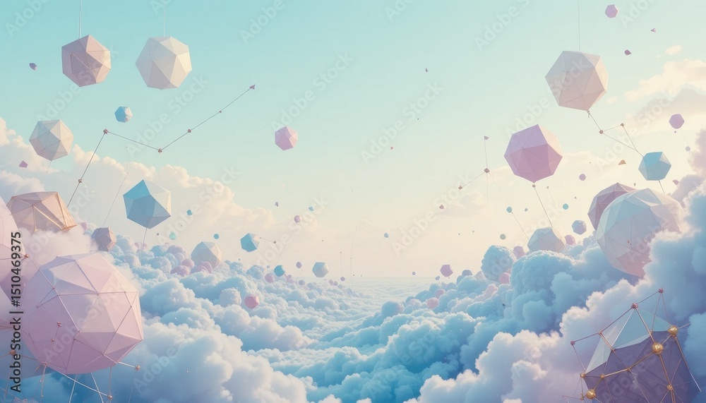 Fototapeta premium Surreal Pastel Geometric Shapes Floating in a Dreamlike Sky Creative Background for Slides and Designs
