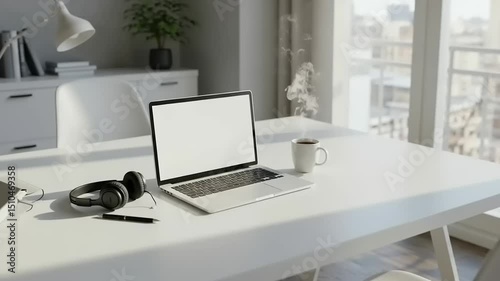 Wallpaper Mural Modern workspace with a laptop, steaming coffee, and headphones on a white table, showcasing a cozy atmosphere Torontodigital.ca