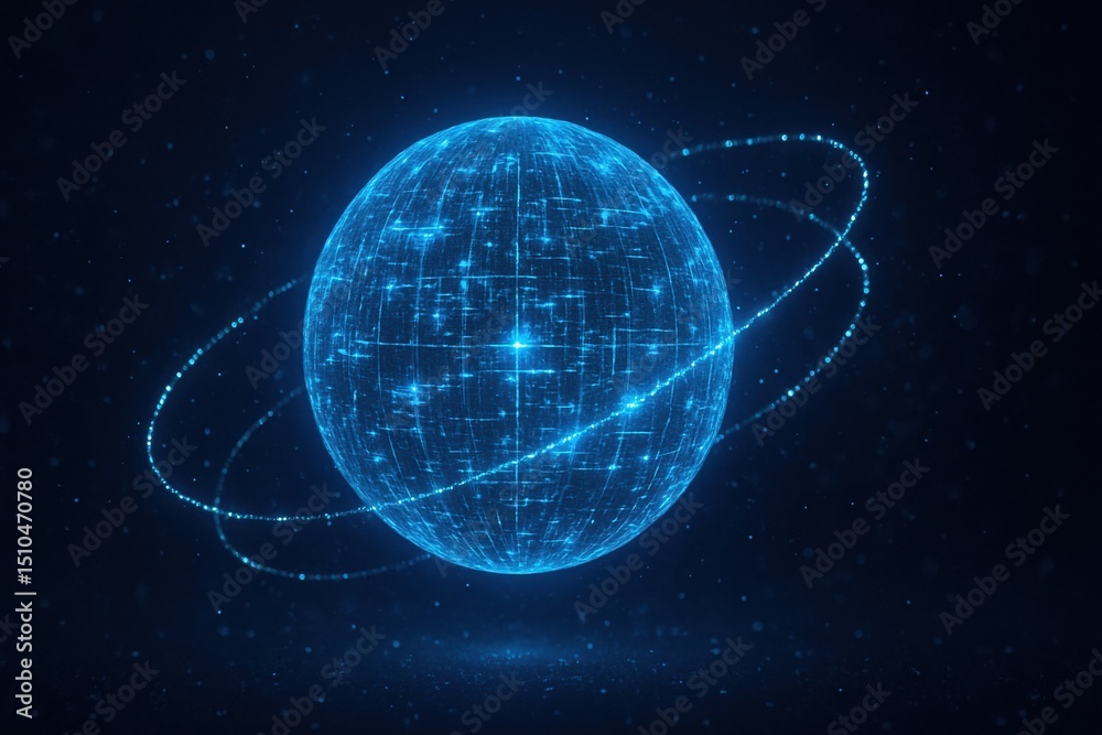 Obraz premium The glowing data sphere symbolizes innovation and strategy as interconnected particles orbit around it representing dynamic decision-making in business growth