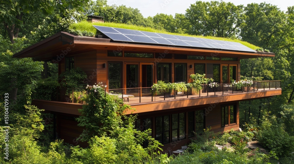 Sustainable house design featuring solar panels and green roof, Sustainable house design featuring solar panels and green roof,