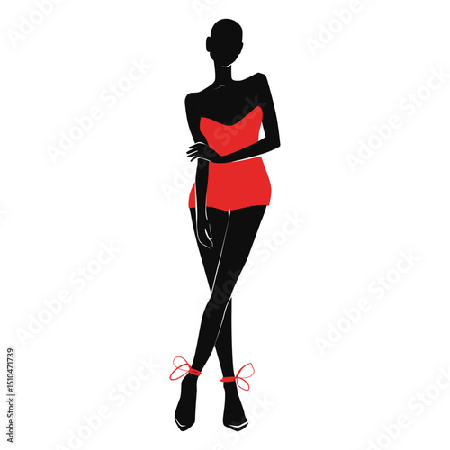 Elegant Female Figure In A Red Strapless Romper And High Heels Tied With Bows.