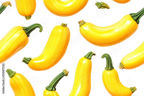 Pattern of realistic yellow squash isolated on a white transparent background