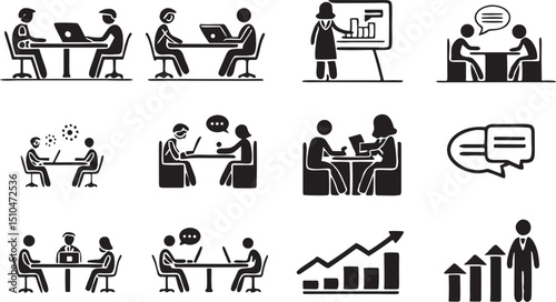 Business meeting icons teamwork collaboration communication presentation