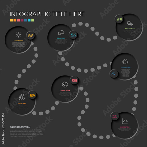 Create stunning dark infographics with this modern timeline template. Featuring a winding path and process nodes, this clean infographic template is perfect for your project.
