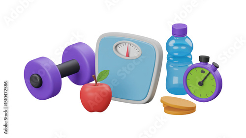 3d rendering of fitness equipment including dumbbells, weight scale, water bottle, stopwatch, and apple promoting a healthy lifestyle on a transparent background