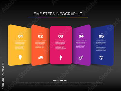 A modern five steps infographic template displays five colorful options with icons. This infographic design is perfect for presentations and visual data representation with clearly defined steps.