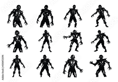Silhouette set of zombie on white background