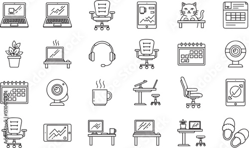 Home office workspace icons line art design elements