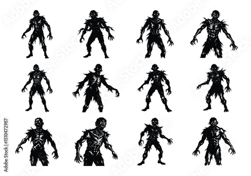 Silhouette set of zombie on white background