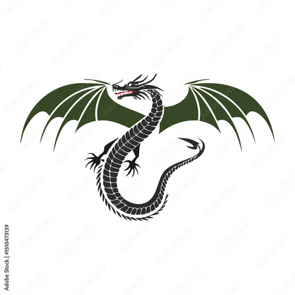Fototapeta premium Majestic black dragon with green wings soaring
