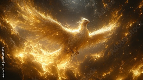 Golden Phoenix Soaring Through Clouds