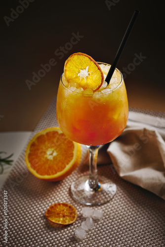 Close-up of vibrant orange cocktail served in a stemmed glass with crushed ice, dried orange slice, and straw