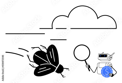 Robot examining flying bug under a cloud using magnifier, representing problem-solving, debugging, analysis, innovation, research, AI systems, and engineering in flat simple metaphor
