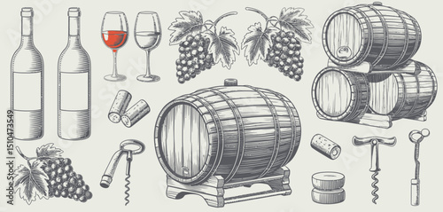 Winemaking Elements Grapes, Barrels, Bottles, and Glasses