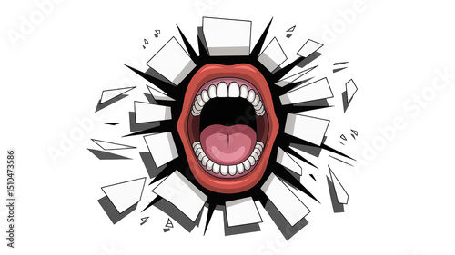 Open mouth with red lips and white teeth breaking through a white wall on transparent background, creating a dramatic and expressive visual with shattered pieces