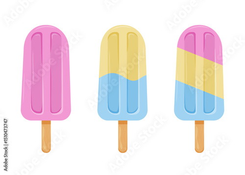 Three colorful popsicles in pastel colors await a warm summer day.