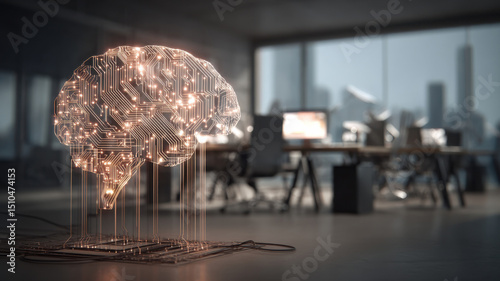 An illuminated digital brain floating in a modern office environment, representing intelligence and technology