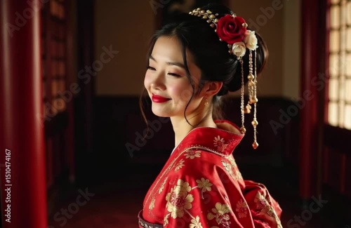 Woman in a red floral kimono smiling serenely indoors, showcasing traditional elegance. Her hair is adorned with floral accessories, reflecting cultural heritage and beauty.
