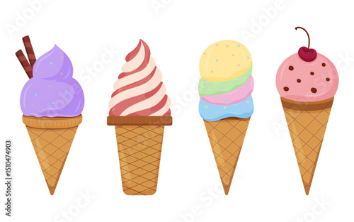 Colorful ice cream cones arranged in a delightful summer display