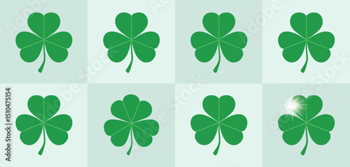 Eight Green Shamrocks with One Sparkling Four Leaf Clover