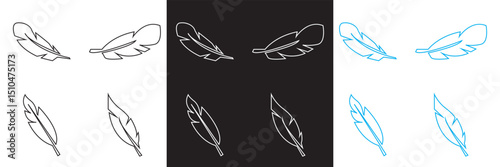  Bird Feather icon.  Black, white and blue quill feather icon. Vector for websites, mobile interfaces, presentations, banner, visual branding etc. Vector illustration. EPS 10 