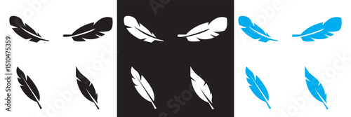  Bird Feather icon.  Black, white and blue quill feather icon. Vector for websites, mobile interfaces, presentations, banner, visual branding etc. Vector illustration. EPS 10 