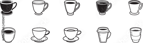 Hand Drawn Coffee and Tea Cups Collection with Saucers, Black and White Sketch Style Mugs for Café or Menu Design.