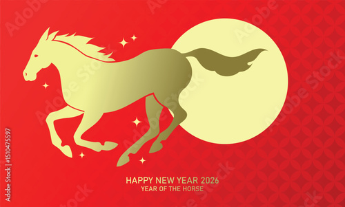 Horse running silhouette lunar new year card. Chinese new year of the horse 2026 banner background.