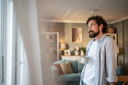 Behang Thoughtful man drinking coffee and looking out window at home