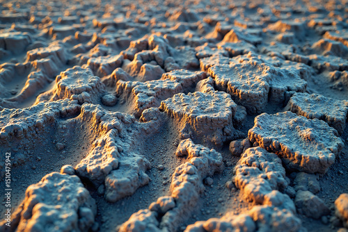 Close-up view of cracked, dry earth at sunset. The warm light highlights the texture and detail of the arid landscape.