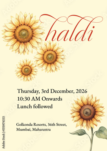 Traditional Indian Wedding Invite Template for The Haldi Function, with traditional Indian patterns and Designs