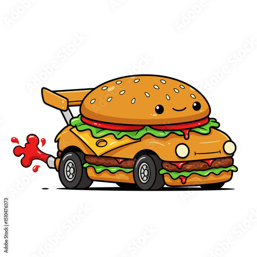 Burger Car Cartoon – Fast Food Racer with Ketchup Boost Vector