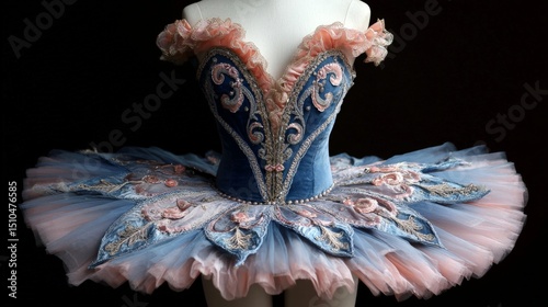 Exquisite blue and pink embroidered ballet tutu on display